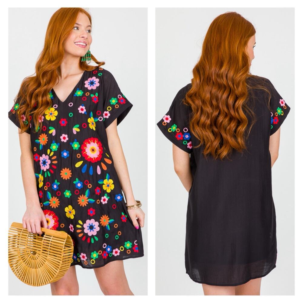 Savanna Jane Womens Floral Embroidered Shift Dress Size S Black Colorful Fiesta